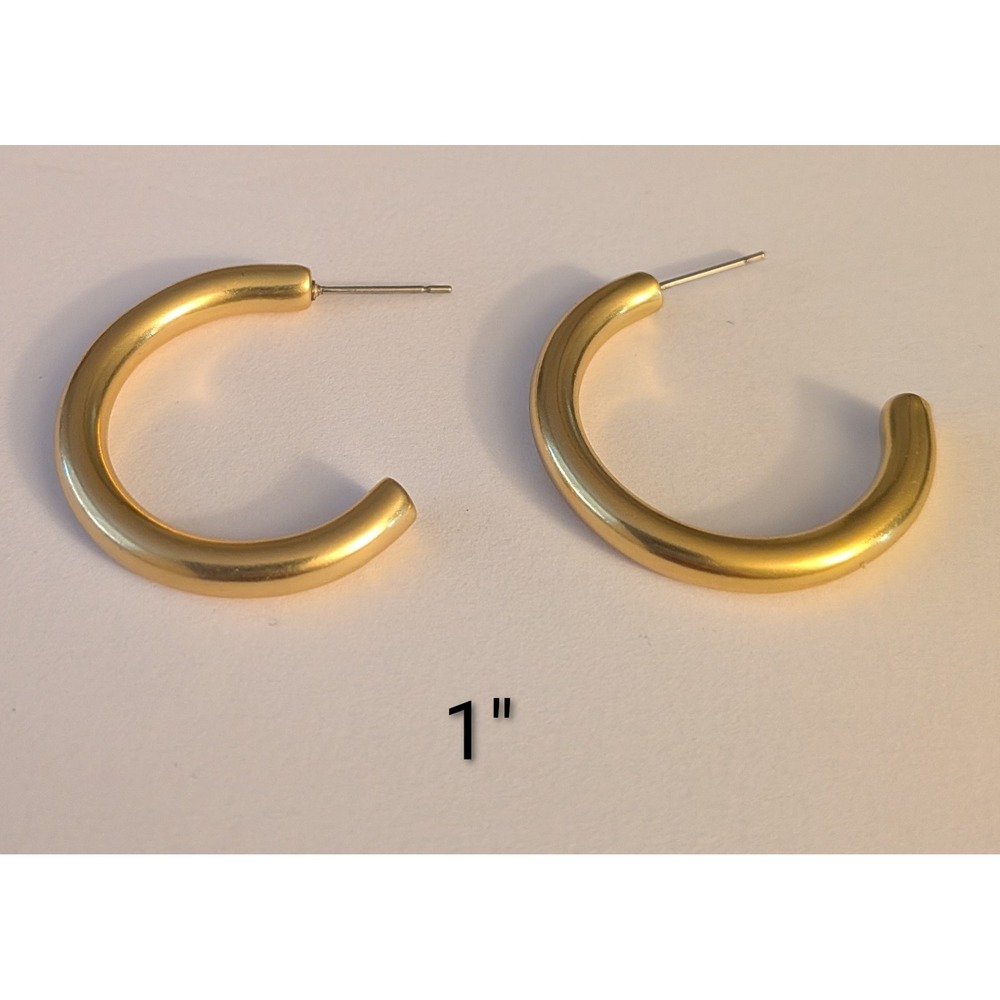 Matte Gold Tone Chunky C-Shape Hoop Earrings Minimalist 1 Inch Post Backs